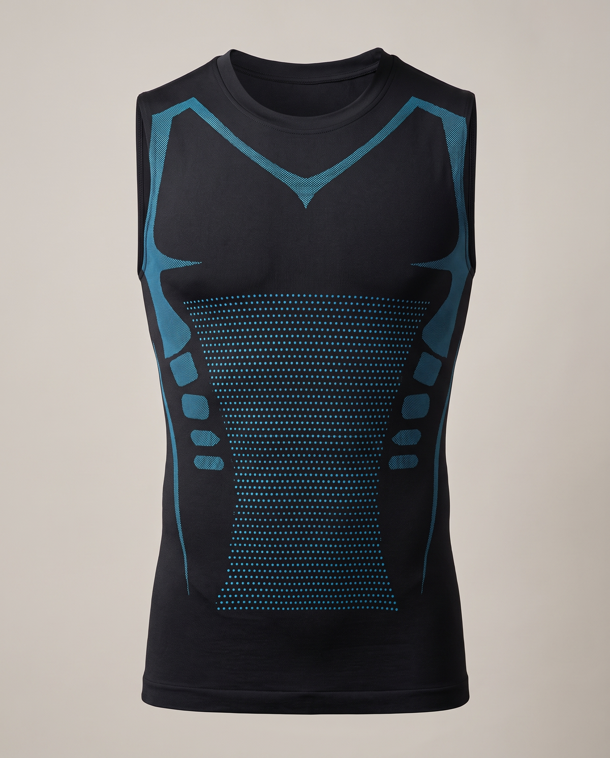 Shieldwall compression vest in black with sky-blue panels, front view