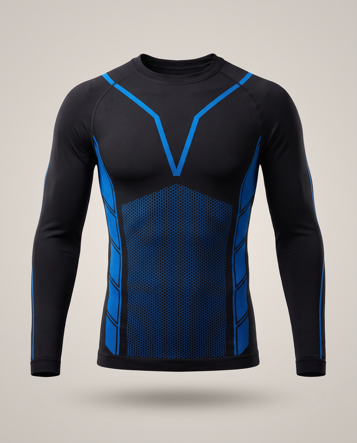 Shieldwall long sleeve compression shirt in black with electric-blue lines, front view