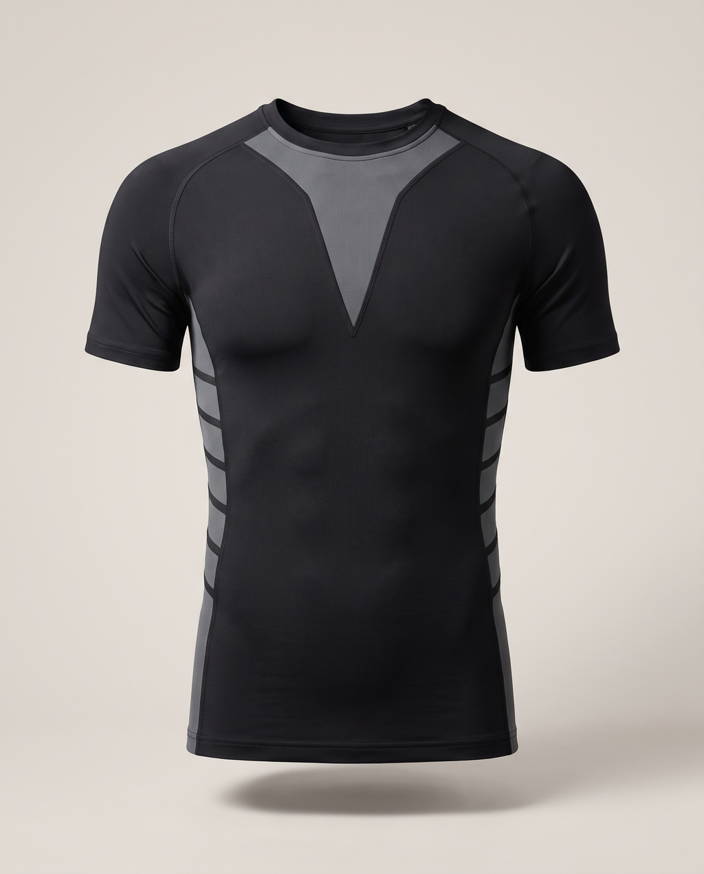 Shieldwall compression tee in black with grey panels, front view
