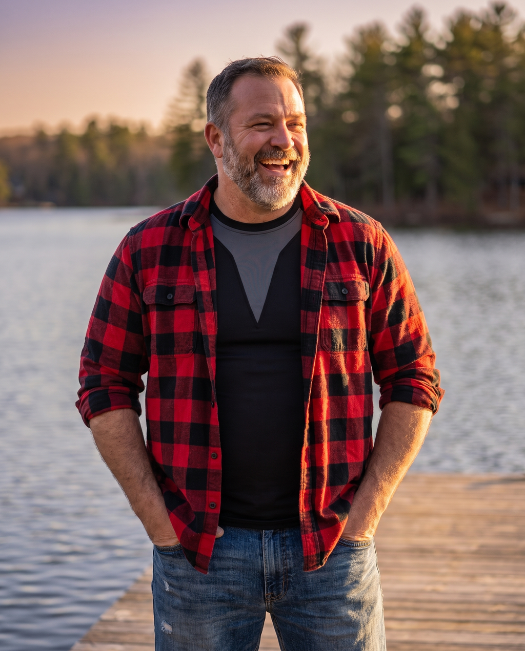 Man wearing the Shieldwall tee under an open flannel shirt on a lake dock