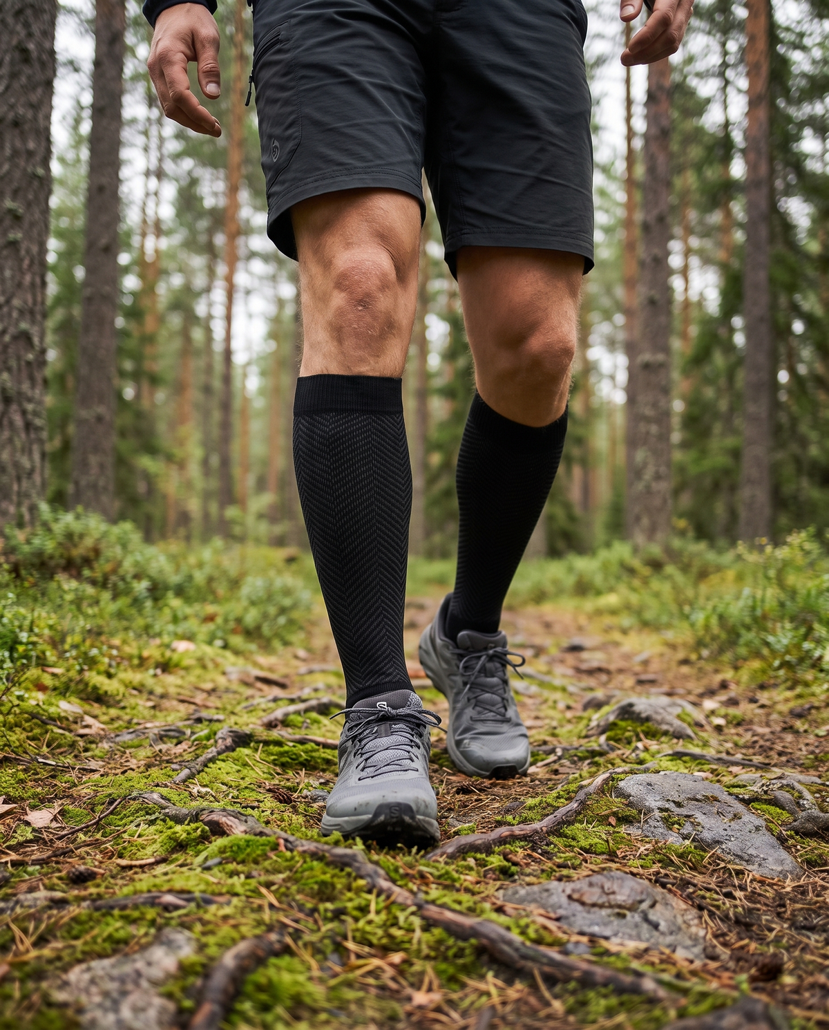Hiker on a forest trail wearing Longship compression socks