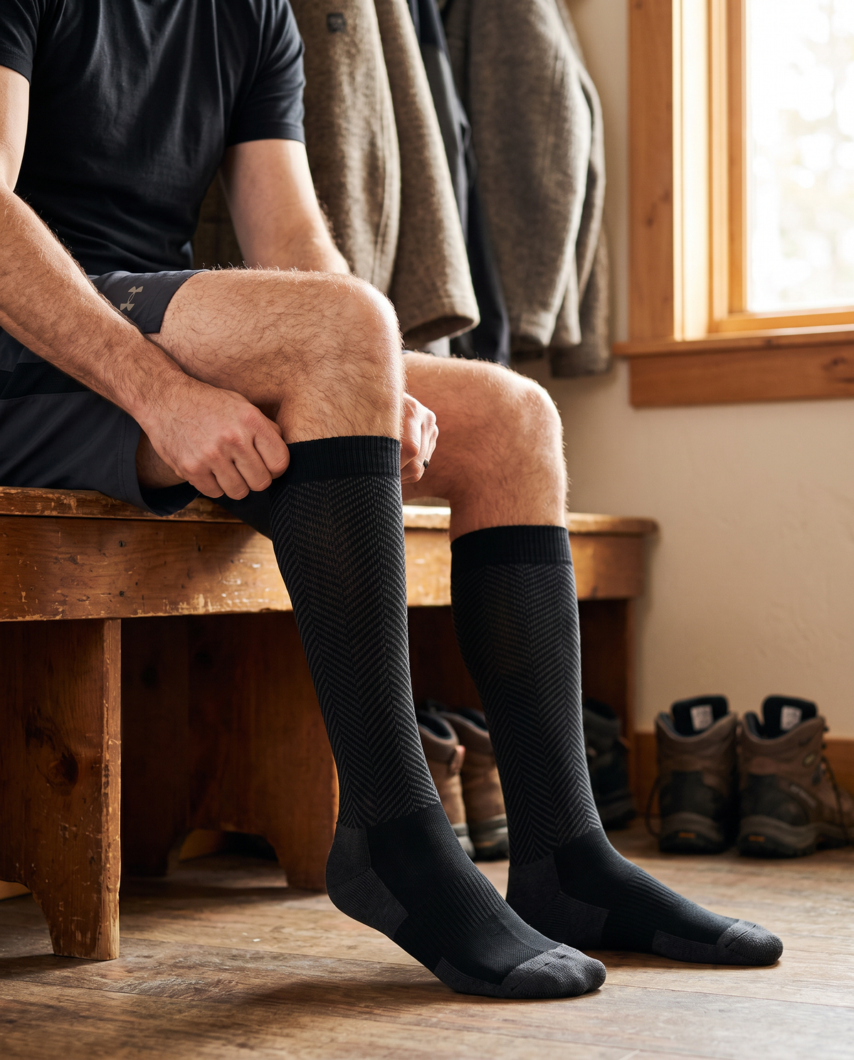 Man pulling up Longship compression socks on a cabin bench