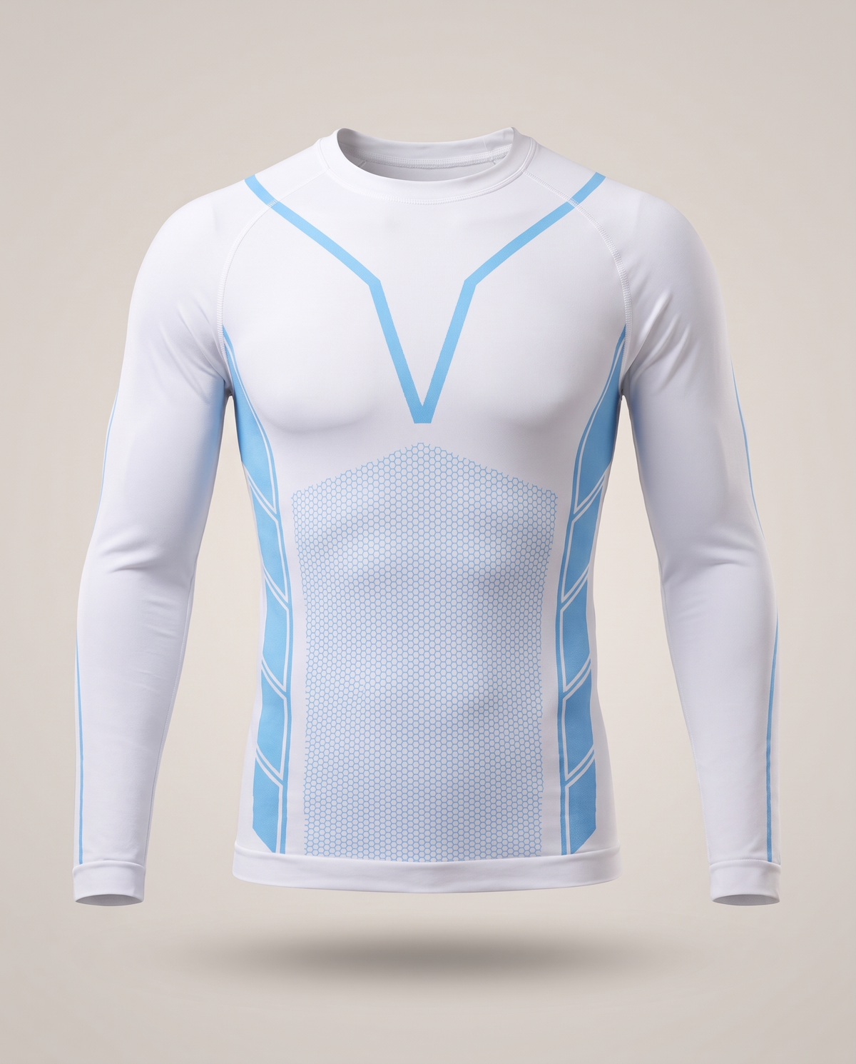 Shieldwall long sleeve compression shirt in white with sky-blue lines, front view