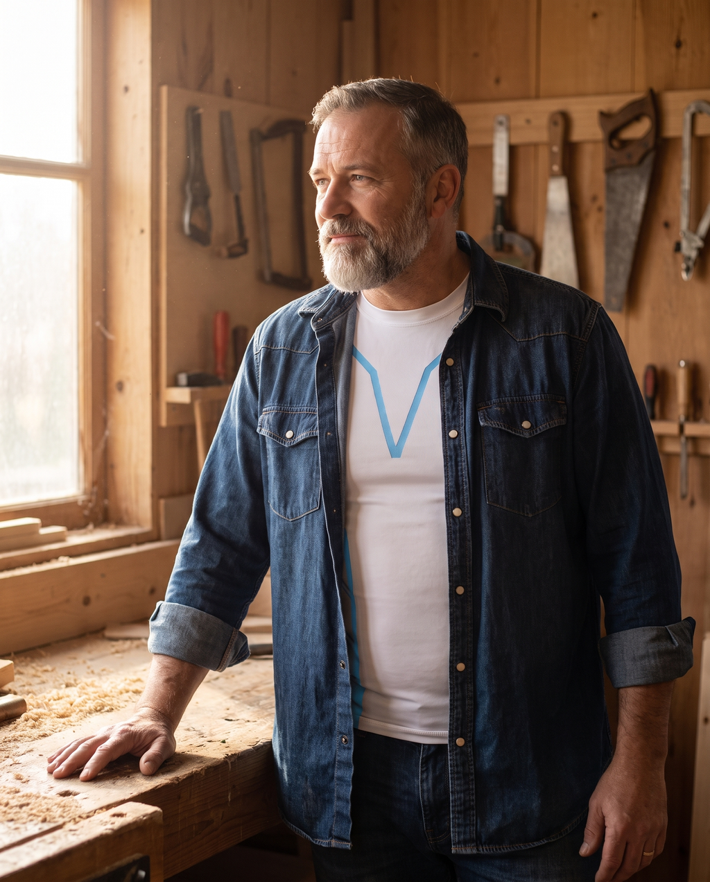 Man in a workshop wearing the white Shieldwall long sleeve under a denim shirt