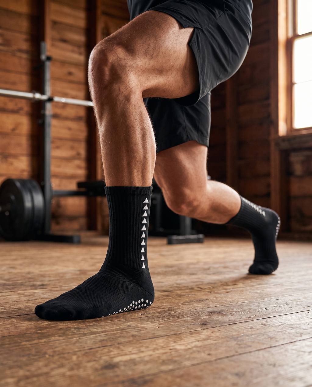 Athlete lunging on a wooden floor in black Runegrip socks