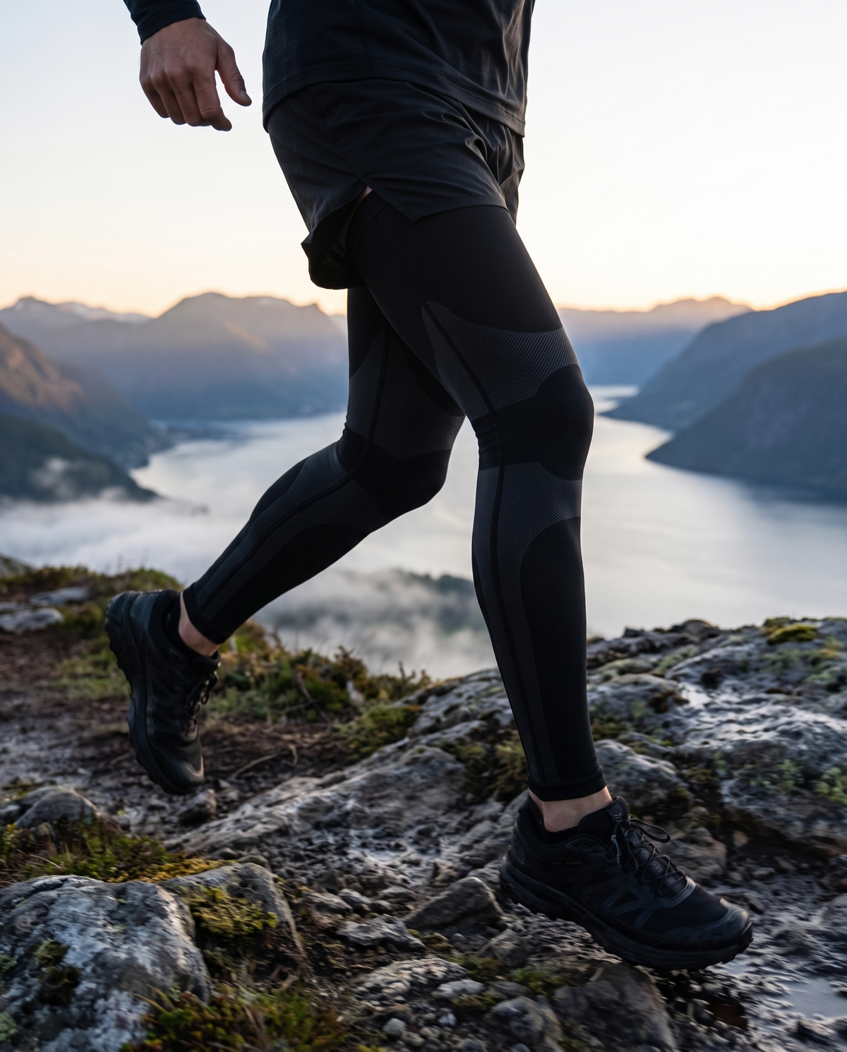 Runner on a fjord trail at dawn wearing Longship leg sleeves