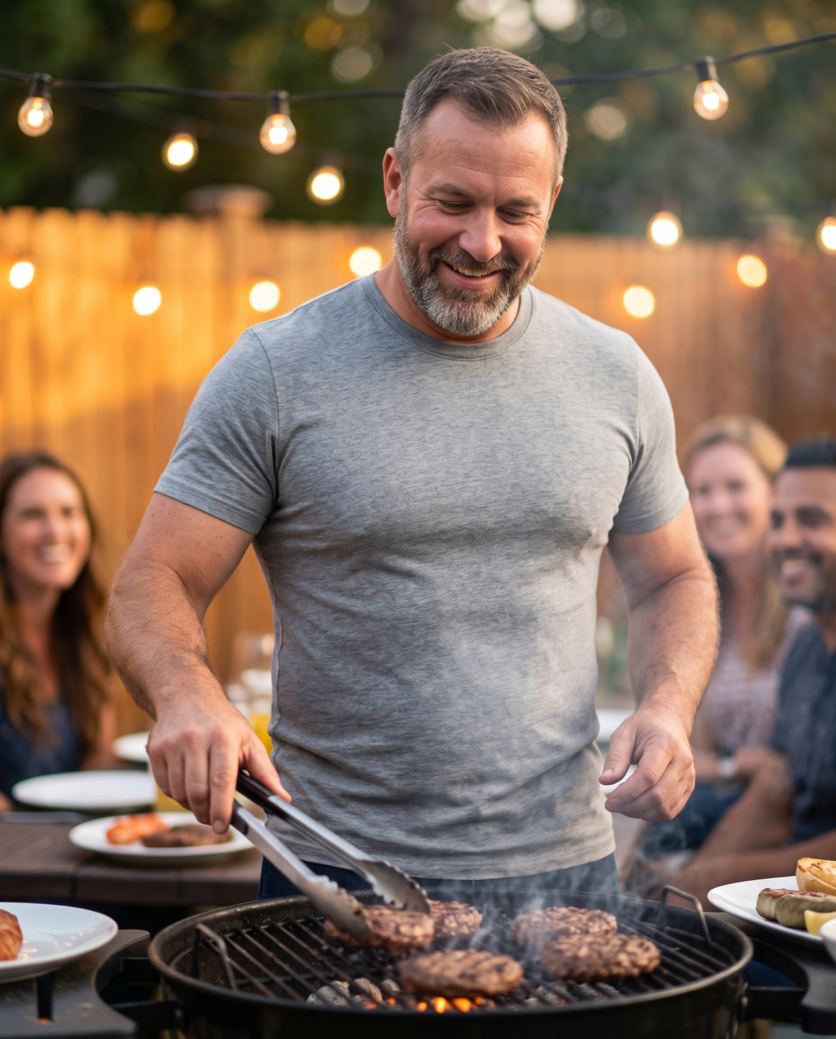 Man grilling in a smooth fitted T-shirt worn over the Primal Vest