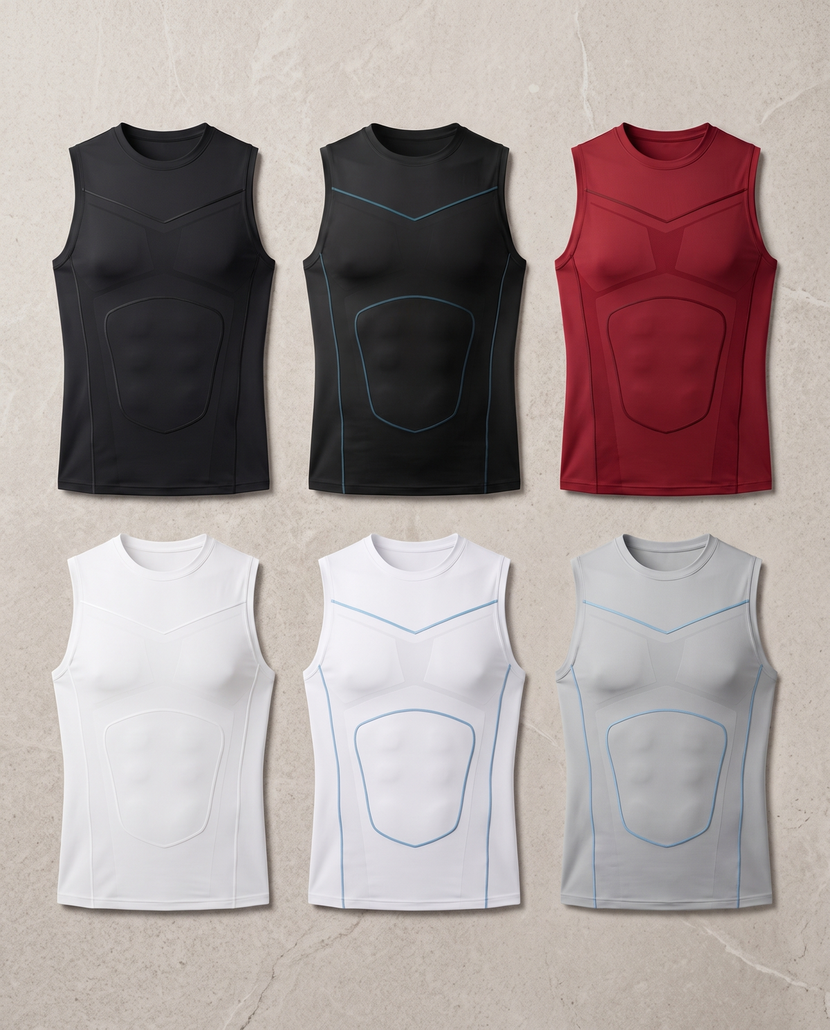 Primal Vest in all six colors laid flat