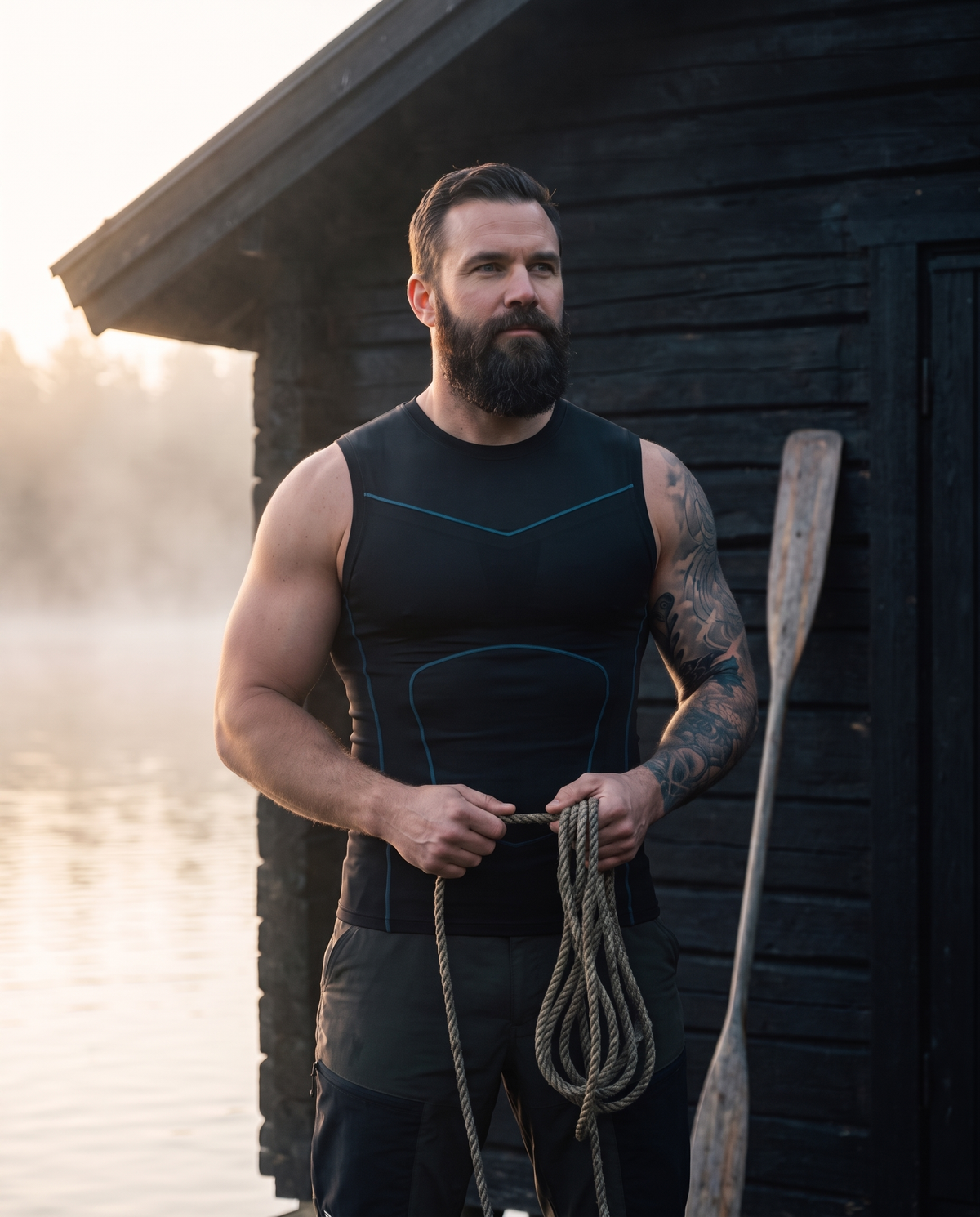 Bearded man wearing the black Primal Vest compression tank outside a boathouse at sunrise