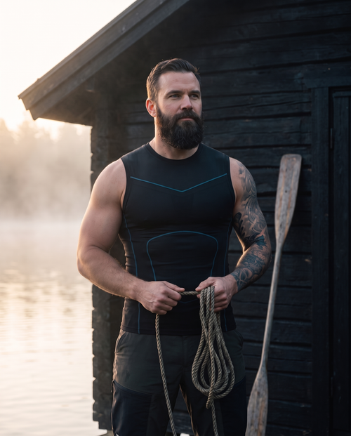 Bearded man wearing the black Primal Vest compression tank outside a boathouse at sunrise