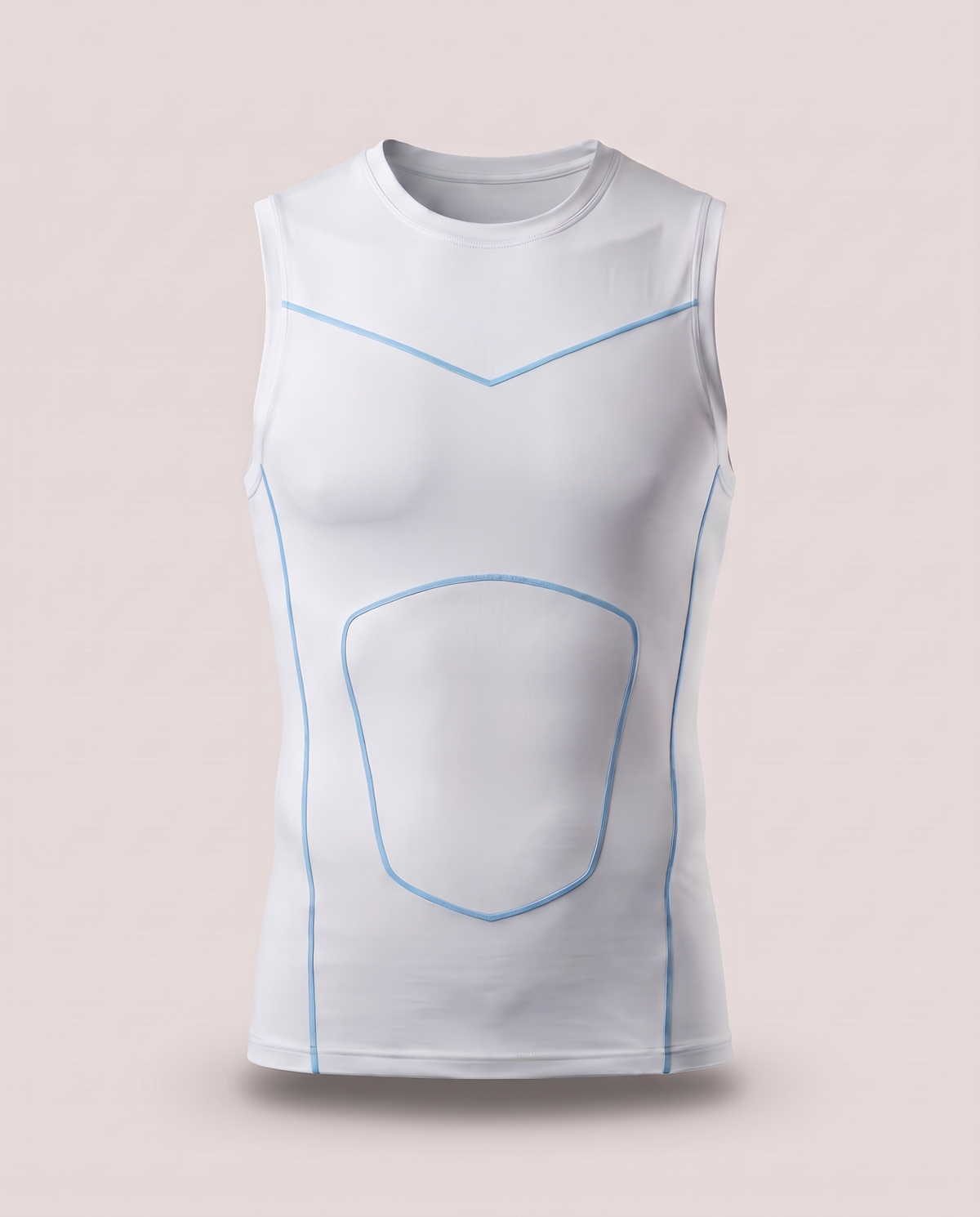 Primal Vest compression tank in white with light-blue lines, front view