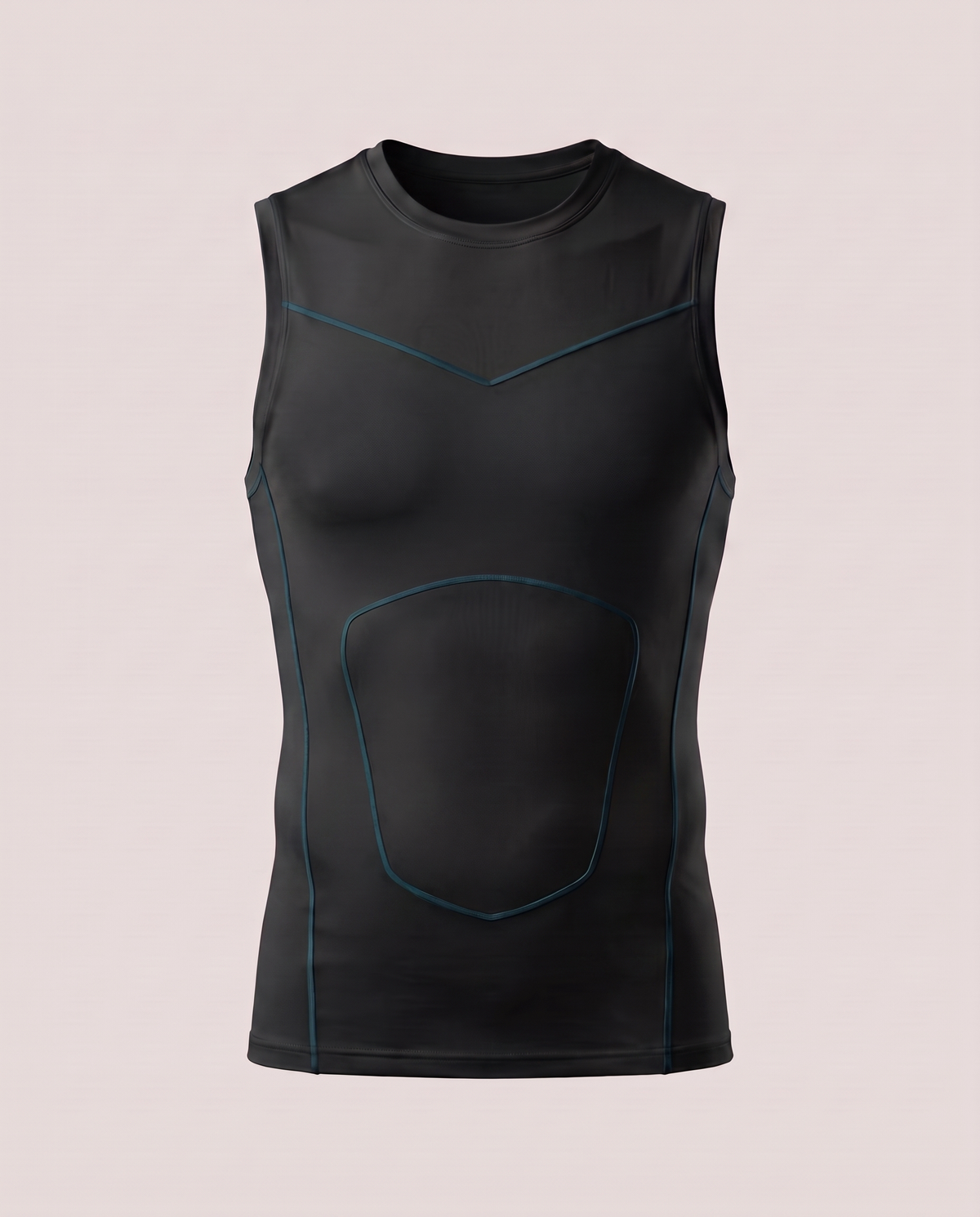 Primal Vest compression tank in black with teal lines, front view