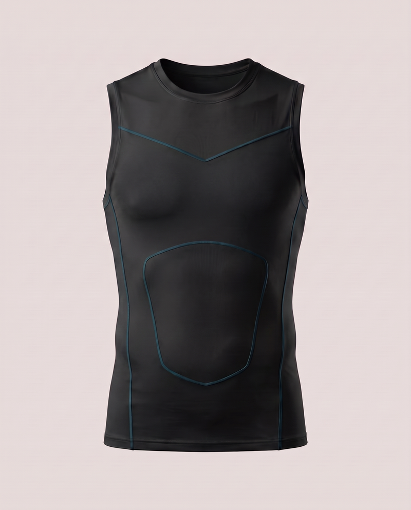 Primal Vest compression tank in black with teal lines, front view