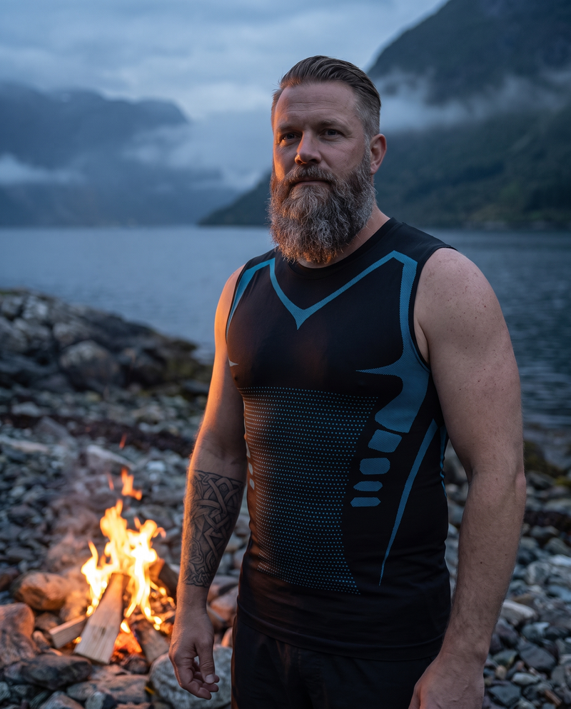 Bearded man wearing the black Shieldwall compression vest on a fjord shore at dusk