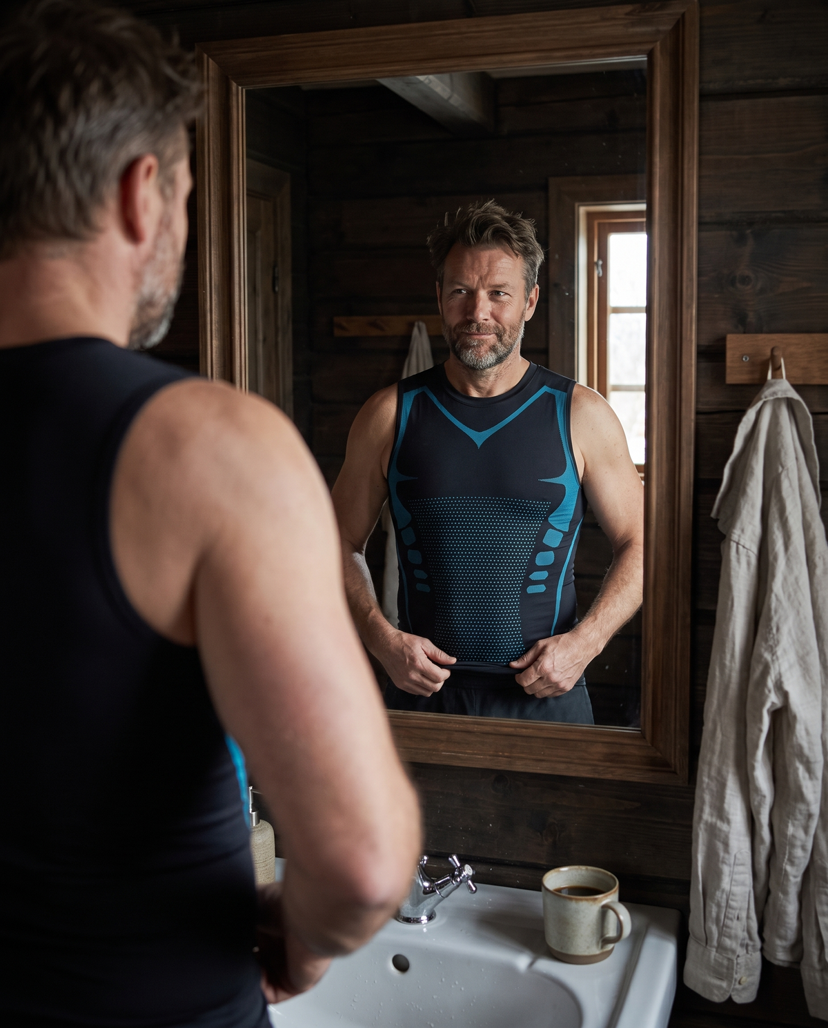 Man pulling the Shieldwall vest down in a timber bathroom mirror