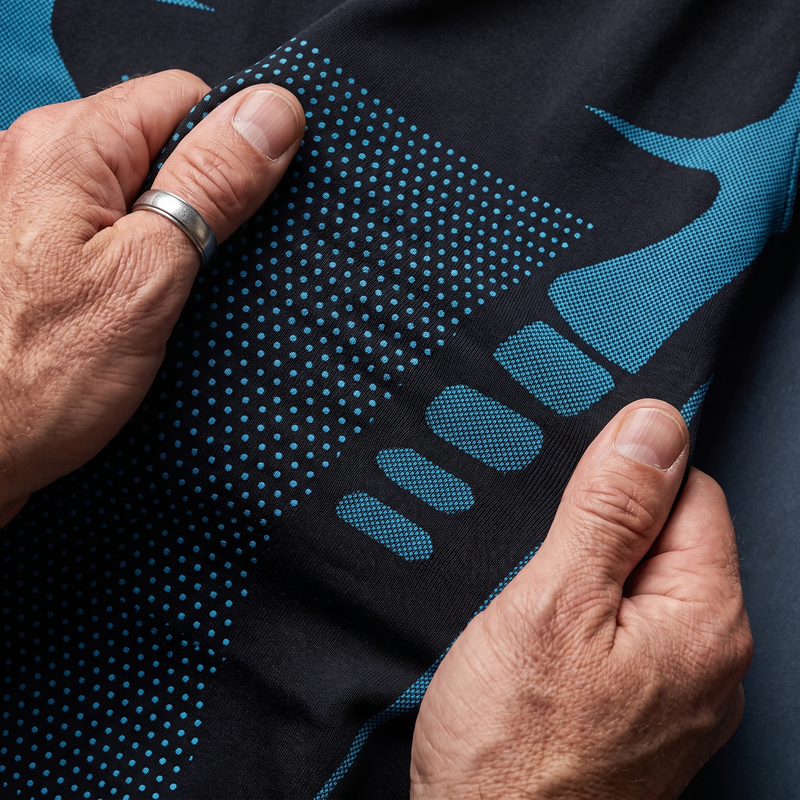 Hands stretching the Shieldwall vest's dotted compression panel and side ribs