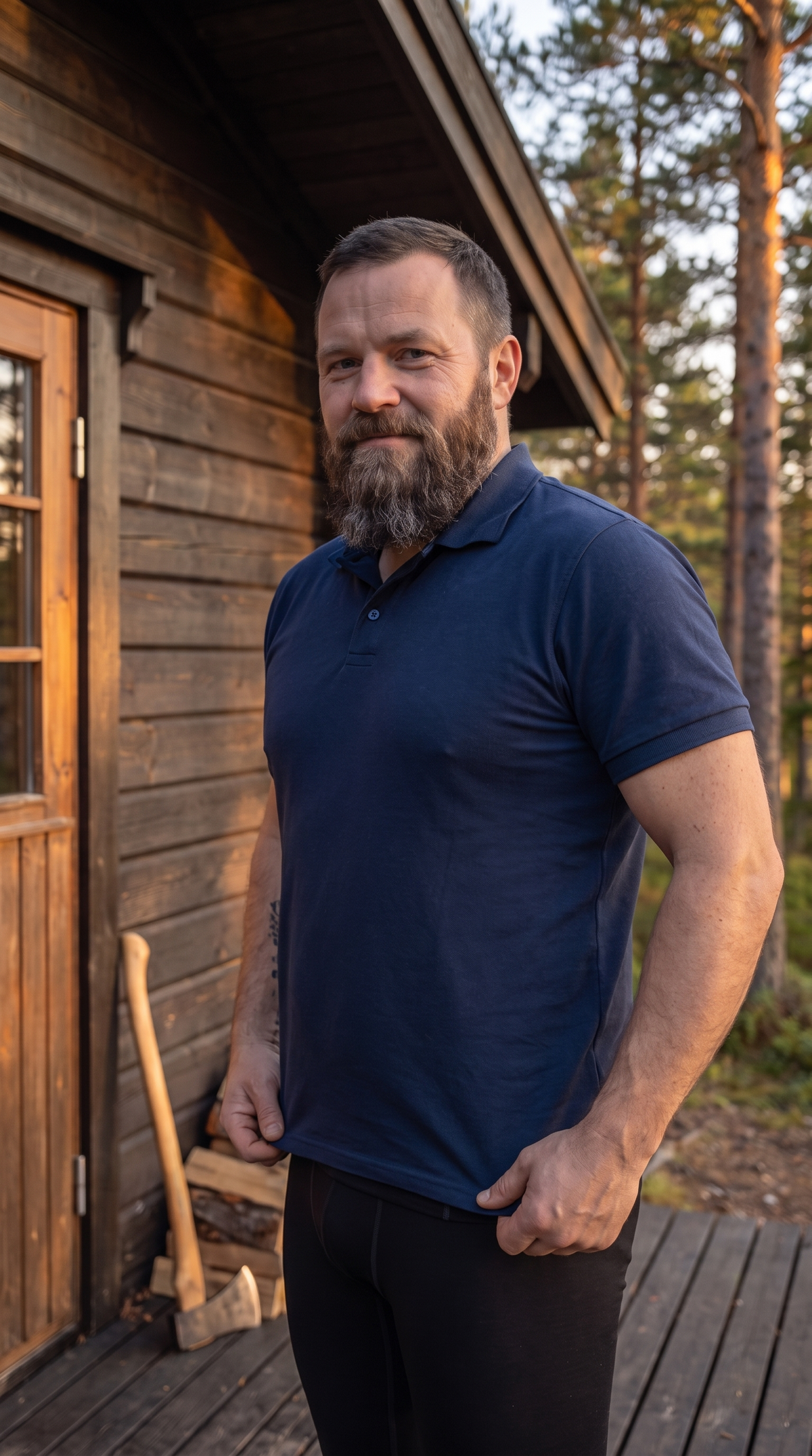Man in a fitted navy polo standing tall outside a timber cabin