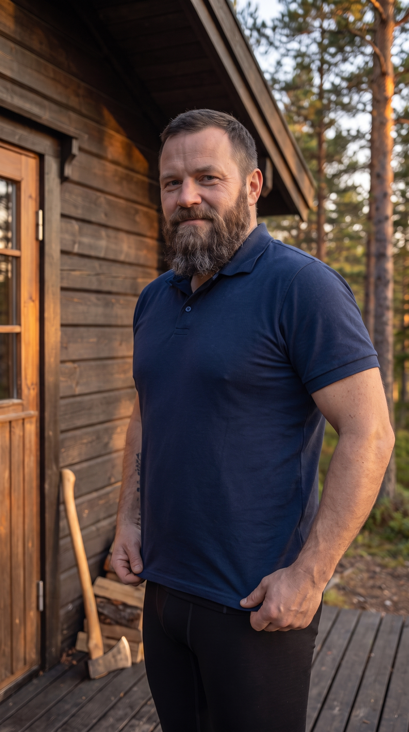 Man in a fitted navy polo standing tall outside a timber cabin